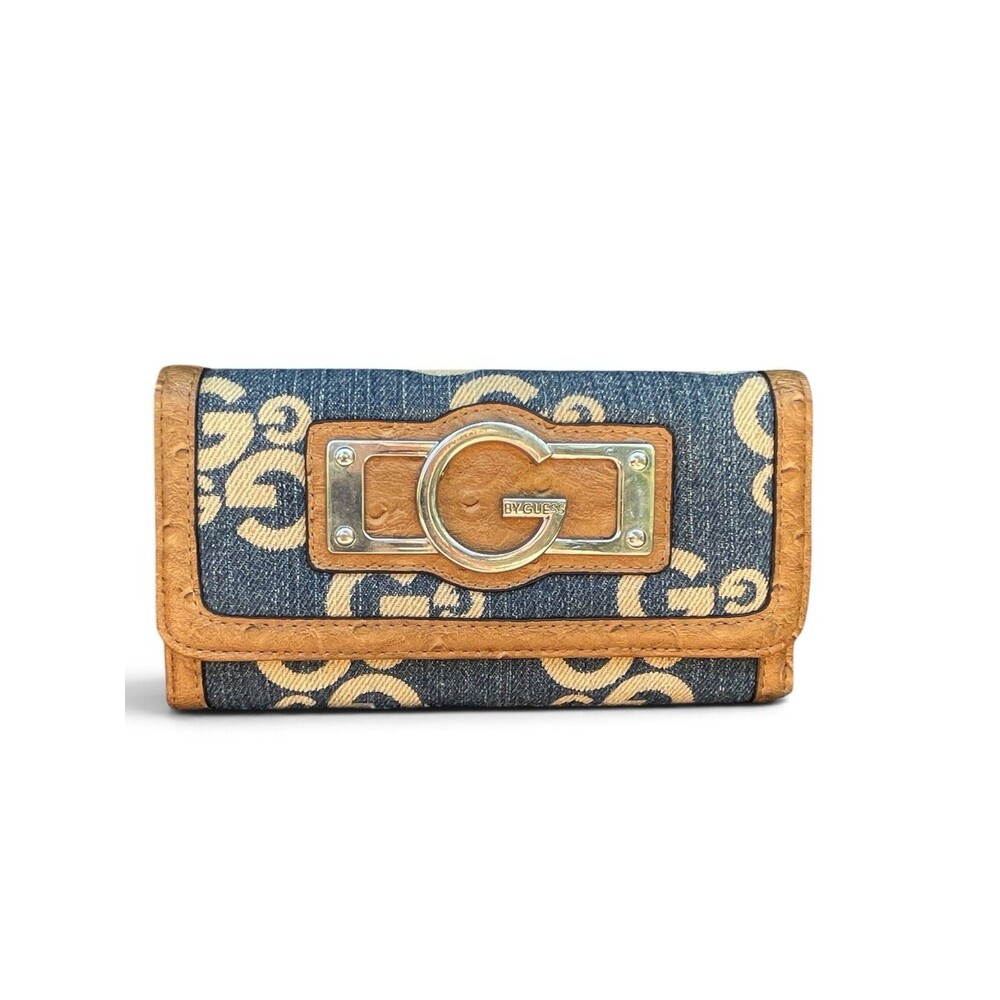 G By Guess Slim Amore Wallet 90s Y2K Monogram Denim Faux Gator Leather